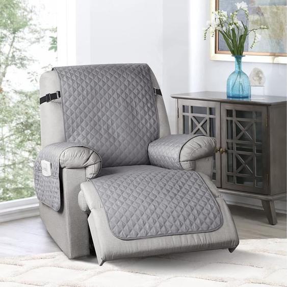 Housse Fauteuil Relax 1 Place, Housse de Canapé avec Poches Matelasse Réversible, Protecteur Inclinable Imperméable,Gris clair