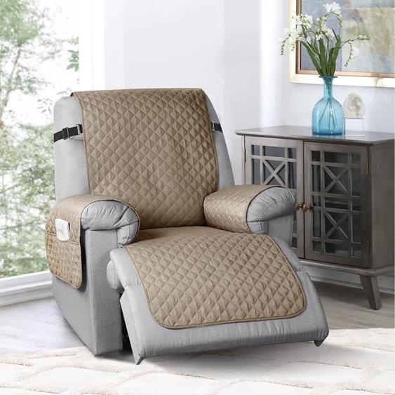 Housse Fauteuil Relax 1 Place, Housse de Canapé avec Poches Matelasse Réversible, Protecteur Inclinable Imperméable, Kaki