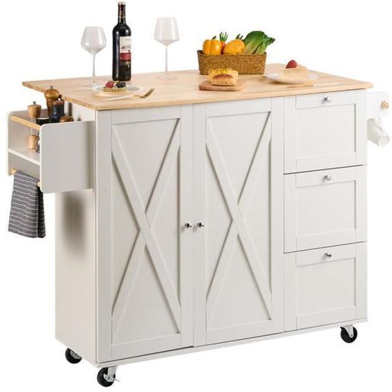 Îlot Central Desserte De Cuisine À Roulettes 115 Cm Avec Armoire 3 Tiroirs - Vevor - Blanc