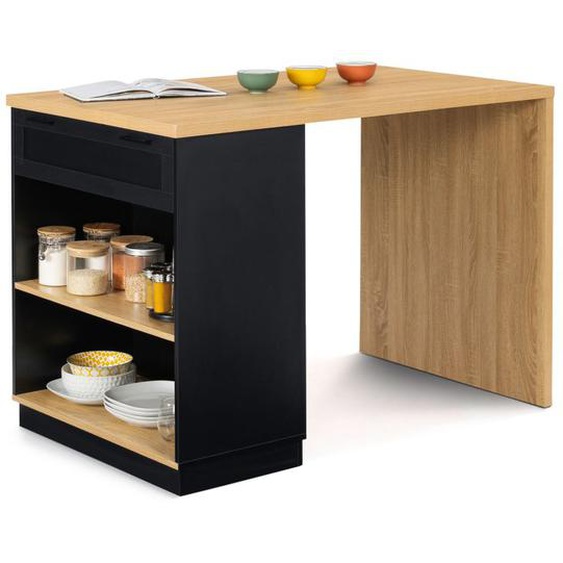 Ilot Central Mange-Debout 4 Personnes Vito 130 Cm Noir Et Plateau Bois