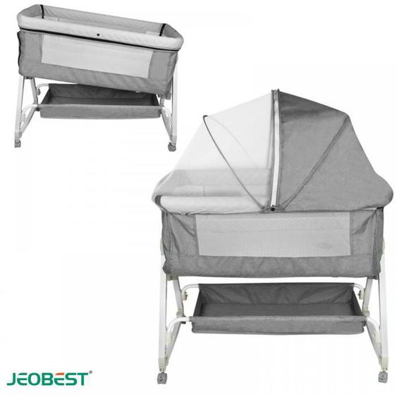 JEOBEST Berceau Cododo 3 en 1 avec Panier de Rangement et Table à Langer, Hauteur Réglages, Inclinable, Lin + Métal - Gris