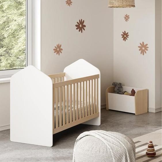 KAINA - Pack Lit Bébé Cabane 60x120cm + Coffre à Jouets Coloris Blanc et Naturel