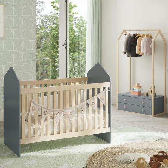 KAINA - Pack Lit Bébé Cabane 60x120cm + Penderie Coloris Gris et Naturel