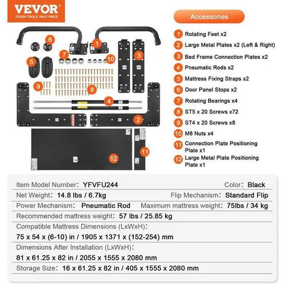 Kit De Matériel De Lit Escamotable-Vevor-Charge 25,85 Kg-2055 X 1555 X 2080 Mm-Peu Encombrant, Pour Chambre