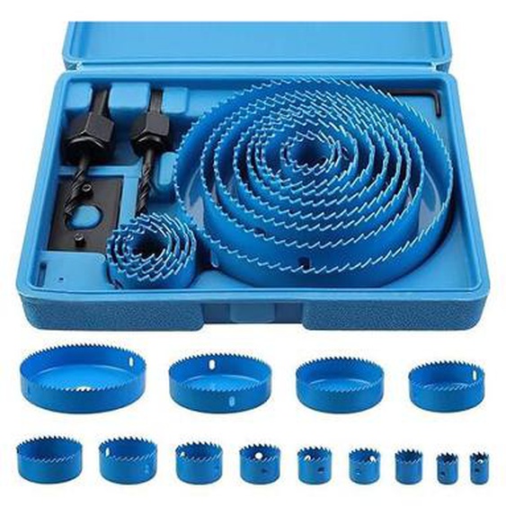 17 Pcs Kit Scies Cloches bi-métal en Acier Carbone 19-127mm Scie Cloche Coffret pour Bois, Plaque de Plâtre et Plaques de Plâtre bleu, Profondeur de