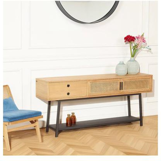 LALALA - Console style scandinave en chêne, cannage et métal, 2 portes, 1 tiroir