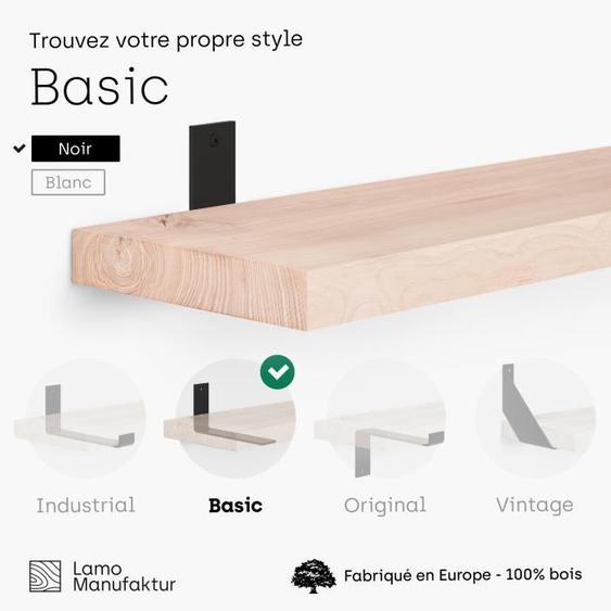 LAMO MANUFAKTUR 140cm Étagère murale flottante en bois massif - rangement - inclus 3 supports en L - frêne brut