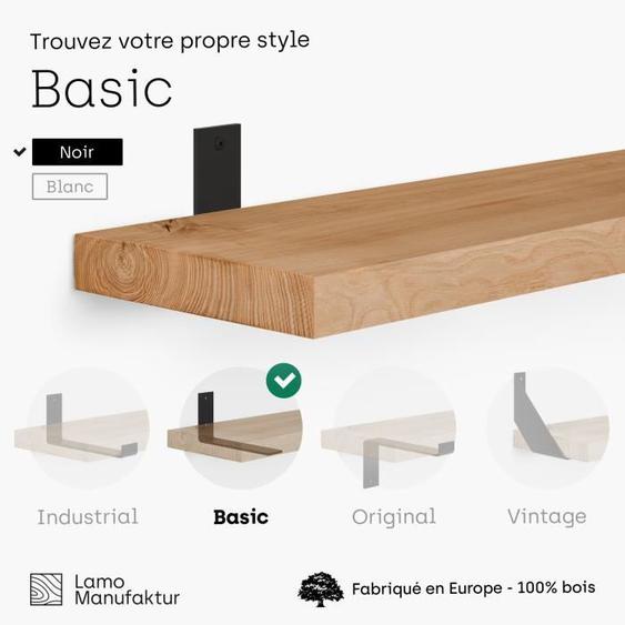 LAMO MANUFAKTUR 140cm Étagère murale flottante en bois massif - rangement - inclus 3 supports en L - frêne rustique