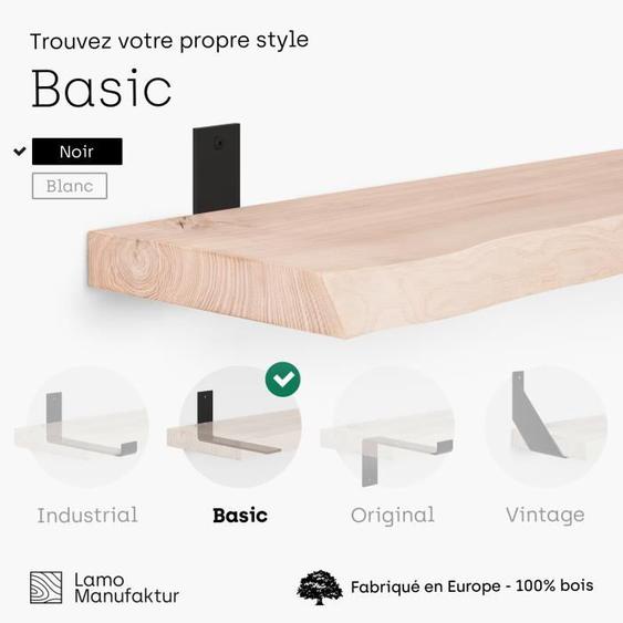 LAMO MANUFAKTUR 140cm Étagère murale industrielle en bois - rangement - bords naturels - inclus 3 supports en L - frêne brut