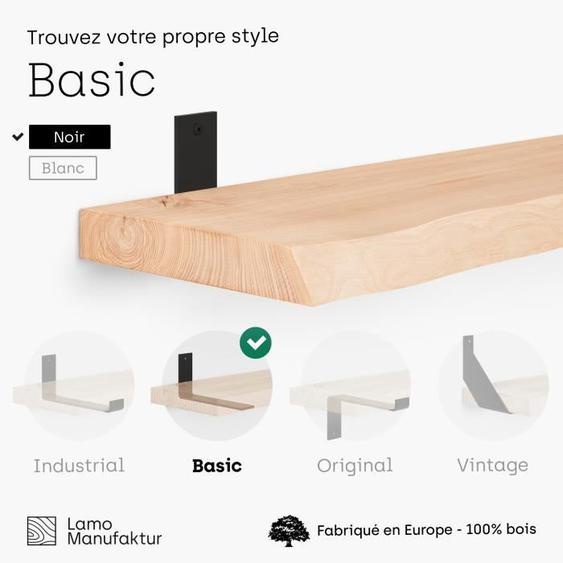 LAMO MANUFAKTUR 140cm Étagère murale industrielle en bois - rangement - bords naturels - inclus 3 supports en L - frêne naturel