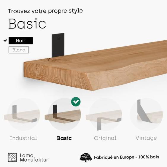 LAMO MANUFAKTUR 140cm Étagère murale industrielle en bois - rangement - bords naturels - inclus 3 supports en L - frêne rustique