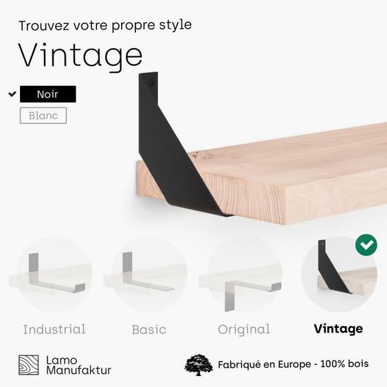 LAMO MANUFAKTUR 140cm Étagère murale industrielle - salon - bois massif - inclus 2 supports vintage - frêne brut