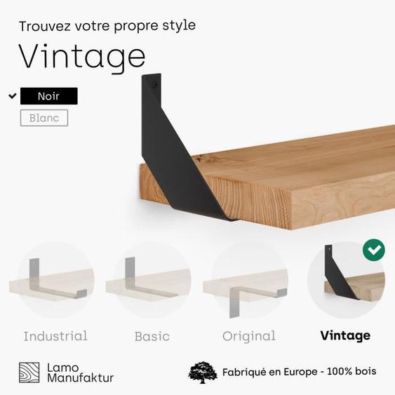 LAMO MANUFAKTUR 140cm Étagère murale industrielle - salon - bois massif - inclus 2 supports vintage - frêne rustique