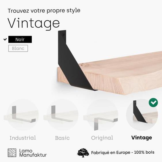 LAMO MANUFAKTUR 160cm Étagère murale industrielle - salon - bois - bords naturels - inclus 2 supports vintage - frêne brut