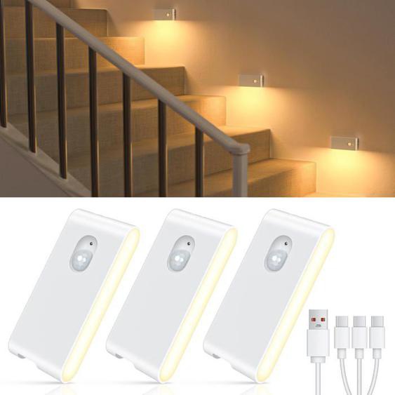 Lampe Detecteur De Mouvement Interieur, Lot De 3 Veilleuse Led Rechargeables, Led Escalier Detecteur De Mouvement(Sans Prise), V