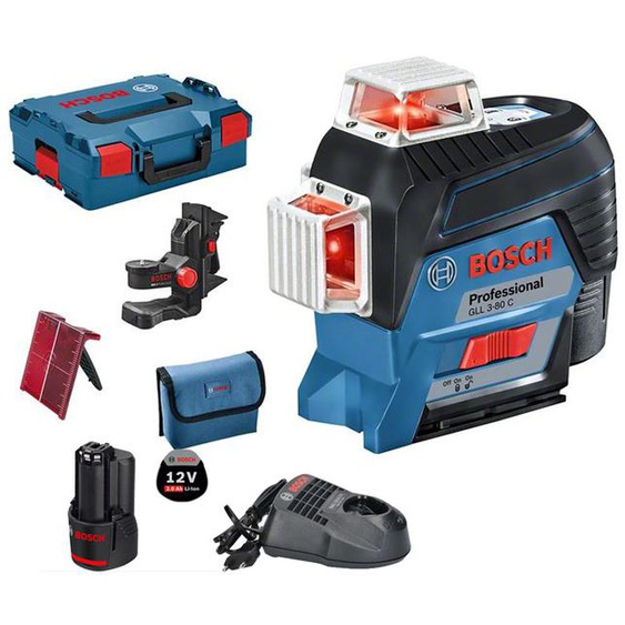 Laser ligne 12V GLL 3-80 C + 1 batterie GBA 2Ah + chargeur + coffret L-BOXX - BOSCH - 0601063R02