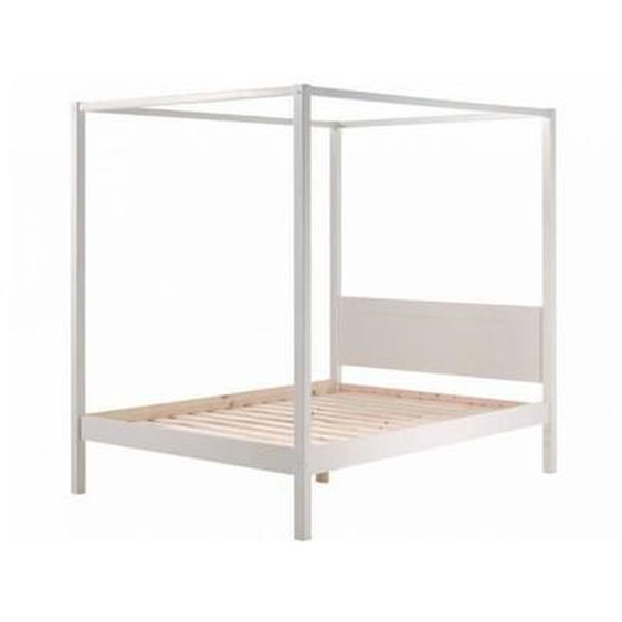 Lit à baldaquin Charlotte, réalisé en pin massif laqué blanc, adapté à un matelas de 140 x 200 cm - Sommier à lattes est inclus