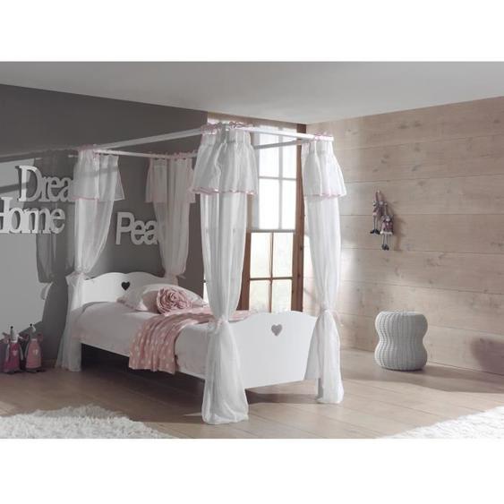 Lit baldaquin enfant AMORI - 90x200 cm - Pin massif et MDF - Laqué blanc