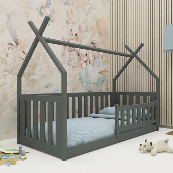 Lit cabane BODZIO pour une chambre enfant mixte - Graphite - 80 cm x 180 cm - Pin Massif