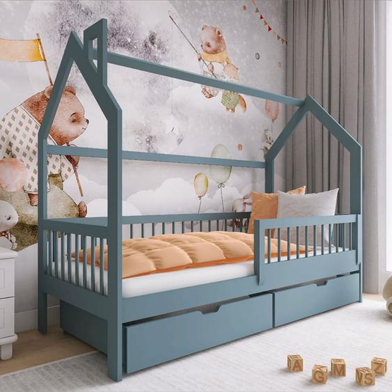 Lit cabane pour chambre enfant OSKAR avec tiroir de rangement - Gris - 80 cm x 180 cm - Pin Massif