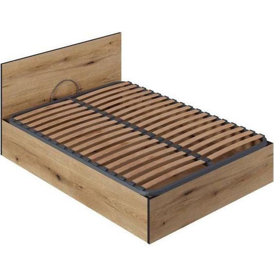 Lit Coffre 140x190 En Bois + Tête De Lit - Chêne Rustique - Sommier À Lattes Inclus - L 140 X P 193 X H 80 Cm