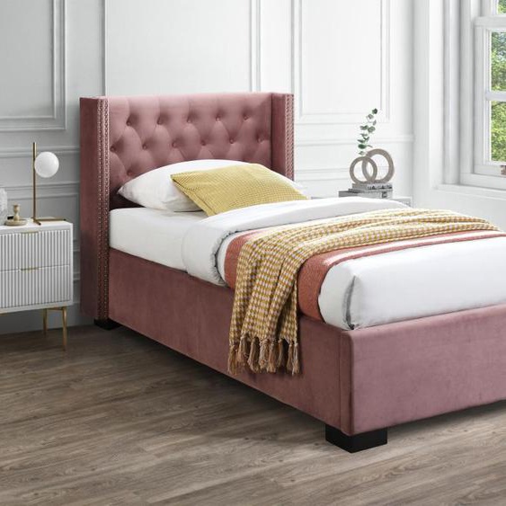 Lit coffre 90 x 200 cm avec tête de lit capitonnée - Velours - Rose + Matelas - MASSIMO