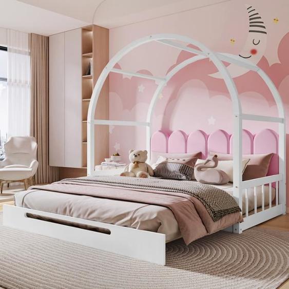 Lit Double 140x100 &140x200cm Toit VoûTé Extensible Lit Enfant Cadre En Pin Velours Lit 2 Personnes , Blanc Et Rose