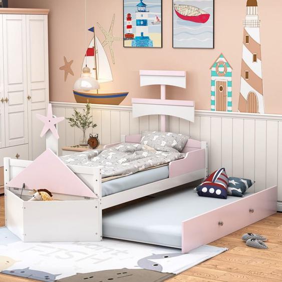 Lit enfant en bois 90 x 200 cm Lit simple en forme de voilier avec lit escamotable et meuble de rangement - Rose