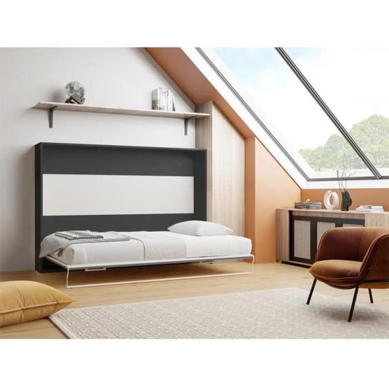 Lit escamotable 140 x 200 cm - Ouverture horizontale manuelle - Anthracite et naturel + Matelas - MALINA II