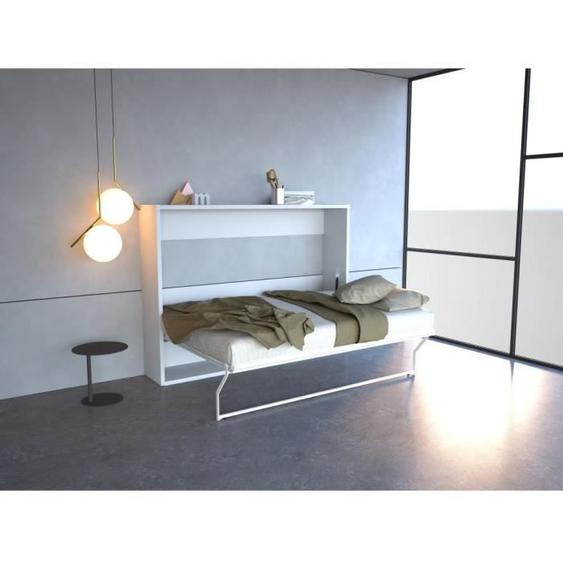 Lit escamotable 140 x 200 cm - Ouverture horizontale manuelle - Blanc + matelas MALINA II