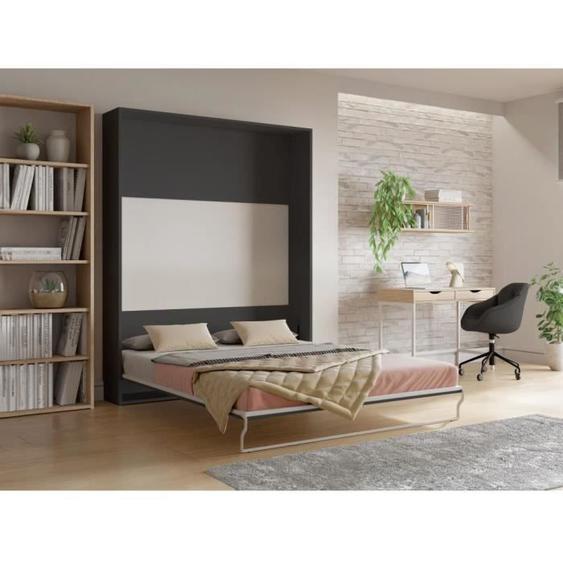 Lit escamotable 160 x 200 cm - Ouverture verticale manuelle - Anthracite et naturel + Matelas - MALINA II