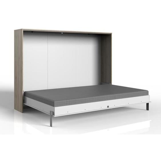 Lit escamotable horizontal Bogota coloris blanc-imitation chêne - Longueur 212 x Hauteur 154 x Profondeur 43-167 cm