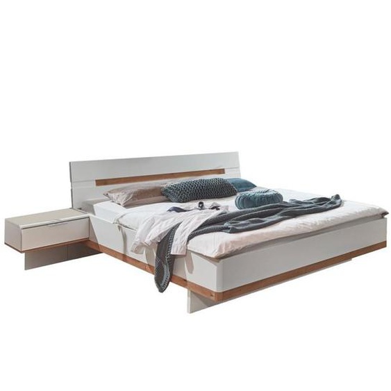 Lit futon GIRBO couchage 160 x 200 cm 1 paire de chevet 1 tiroir coloris blanc rechampis chêne artisan