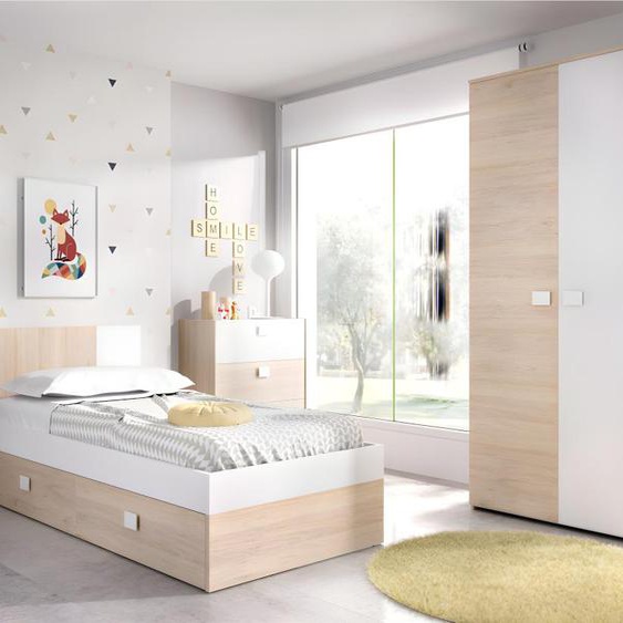 Lit gigogne 2 x 90 x 190 cm - Coloris : Naturel et blanc + matelas + sommier - SONIA