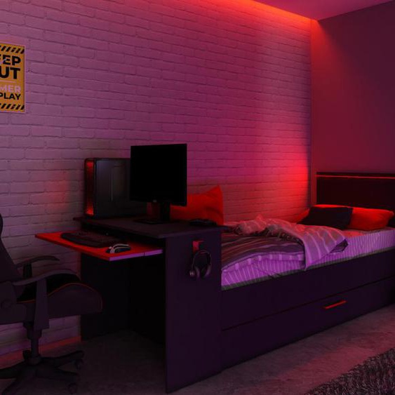 Lit gigogne gamer 2 x 90 x 200 cm - Avec bureau - LEDs - Anthracite et rouge - VOUANI