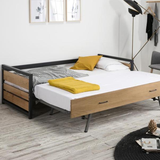 Lit gigogne industriel BOSTON - 2 x 90 x 190 cm - MDF, Pin et métal - Coloris : Noyer et anthracite + Matelas