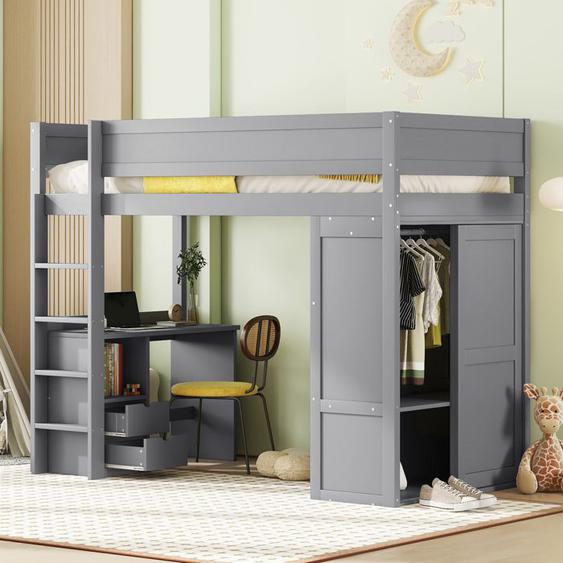 Lit mezzanine 90*200cm, lit enfant polyvalent, équipé darmoire, bureau et tiroirs, gris