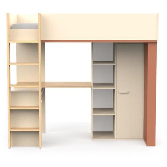 Lit mezzanine avec bureau et armoire H205,9 cm - 205,9 cm X 104,1 cm X 183 cm - CAMILLIA - Terracota / Beige / Chêne