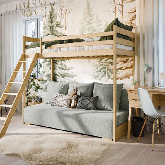 Lit mezzanine enfant 90 x 200 cm - Avec canapé convertible - Canapé lit - Avec sommier + échelle - Bois + tissu velours vert sauge