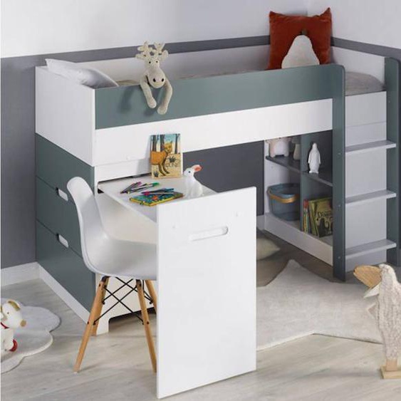 Lit Mi-hauteur Avec Bureau Et Rangement 90x190 Opus - Blanc/mousse Multicolore