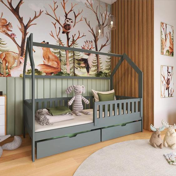 Lit NATAN cabane pour enfant avec tiroir de rangement - Graphite - 80 cm x 160 cm - Pin Massif