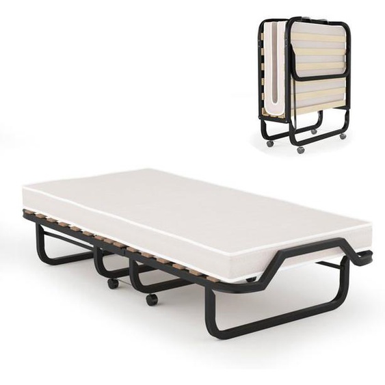 Lit Pliant à Roulettes avec Matelas 10CM - GOPLUS - 200x80CM Charge 120KG - à Lattes en Bois Matelas en Mémoire de Forme