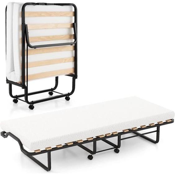 Lit Pliant à Roulettes avec Matelas 10CM - GOPLUS - 200x80CM Charge 220KG - à Lattes en Bois Matelas en Mémoire de Forme