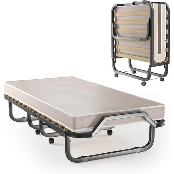 Lit Pliant à Roulettes avec Matelas 10CM - GOPLUS - 200x90CM Charge 110KG - à Lattes en Bois Matelas en Mémoire de Forme