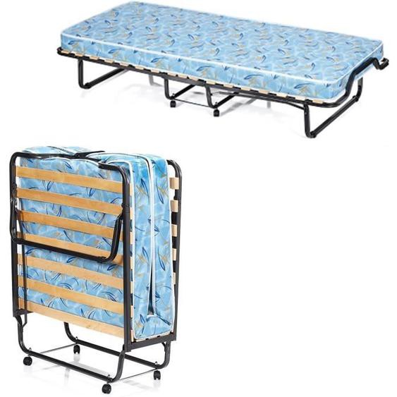 Lit Pliant à Roulettes avec Matelas 10CM - GOPLUS - 200x90CM Charge 110KG - à Lattes en Bois Matelas en Mémoire de Forme Bleu