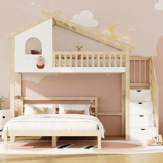 Lit superposé 90/140 x 200 cm Lit double pour enfant Forme maison Avec barrières de lit Rangement Échelle Fenêtre - Naturel