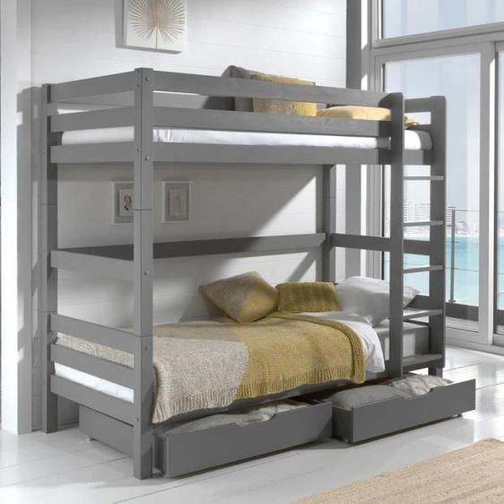 Lit Superposé & Mezzanine Enfant VIPACK Pino III 90x200cm Gris avec 2 Tiroirs