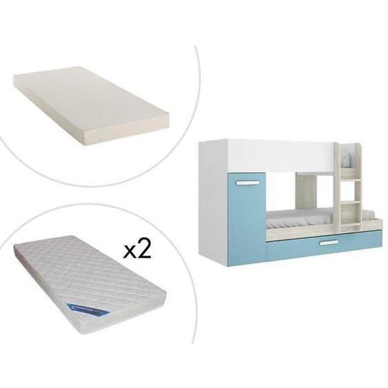 Lits Superposés ANTHONY avec rangements 3 x 90 x 190 cm -  Blanc chêne et bleu  + matelas