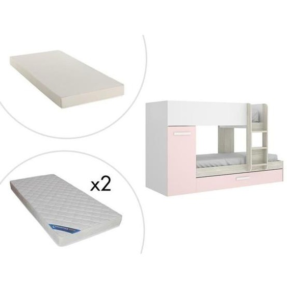 Lits Superposés ANTHONY avec rangements 3 x 90 x 190 cm - Blanc, chêne et rose  + matelas