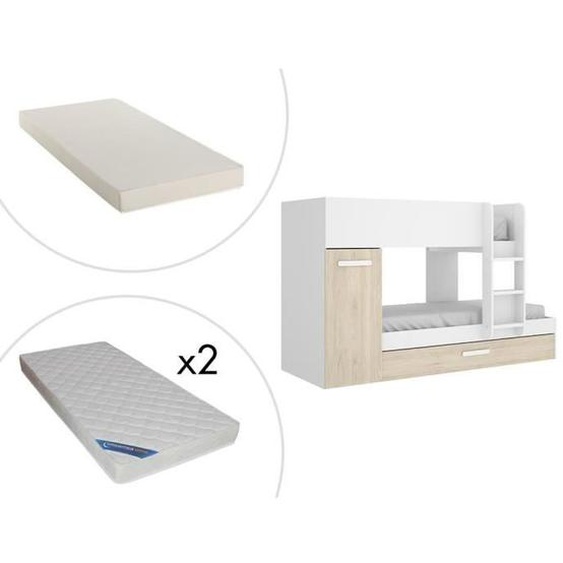 Lits Superposés ANTHONY avec rangements 3 x 90 x 190 cm - Blanc et Chêne + matelas